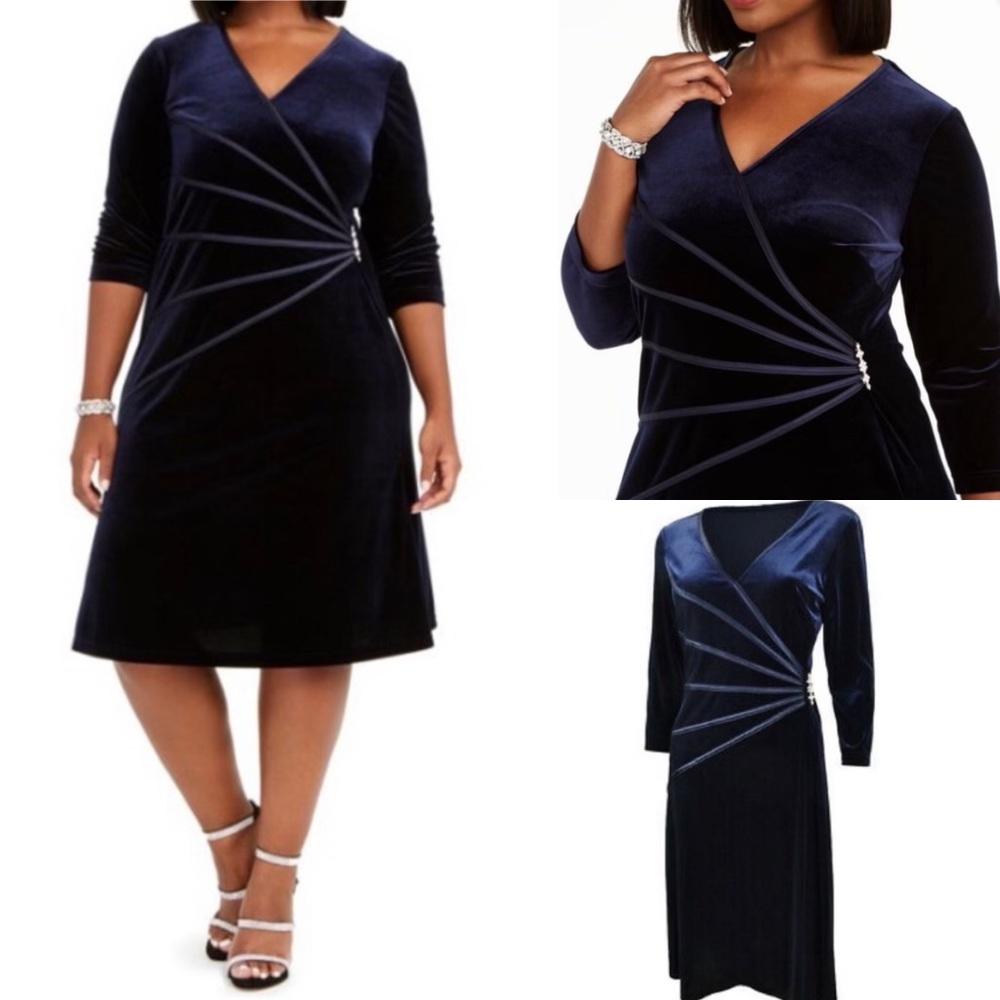 NWOT Navy Velvet Embellished Dress, Connected Apparel, size 14